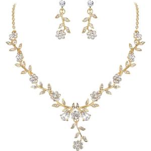 imageBriLove Womens Wedding Jewelry Leaf Cluster Flower Crystal Dangle Earrings Pendant Necklace Set for Bridal17Clear GoldTone