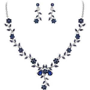 imageBriLove Womens Wedding Jewelry Leaf Cluster Flower Crystal Dangle Earrings Pendant Necklace Set for Bridal18Navy Blue SilverTone