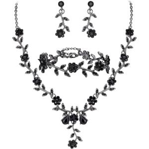 imageBriLove Womens Wedding Jewelry Leaf Cluster Flower Crystal Dangle Earrings Pendant Necklace Set for Bridal3PcsBlack BlackTone
