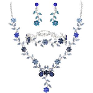 imageBriLove Womens Wedding Jewelry Leaf Cluster Flower Crystal Dangle Earrings Pendant Necklace Set for Bridal3PcsBlue SilverTone