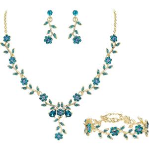 imageBriLove Womens Wedding Jewelry Leaf Cluster Flower Crystal Dangle Earrings Pendant Necklace Set for Bridal3PcsBlue Topaz GoldTone