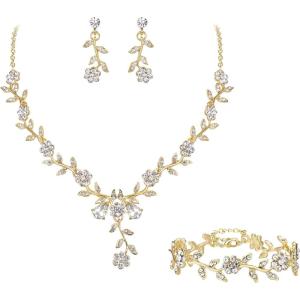 imageBriLove Womens Wedding Jewelry Leaf Cluster Flower Crystal Dangle Earrings Pendant Necklace Set for Bridal3PcsClear GoldTone