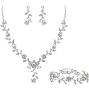 imageBriLove Womens Wedding Jewelry Leaf Cluster Flower Crystal Dangle Earrings Pendant Necklace Set for Bridal3PcsClear SilverTone