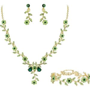 imageBriLove Womens Wedding Jewelry Leaf Cluster Flower Crystal Dangle Earrings Pendant Necklace Set for Bridal3PcsEmerald Color GoldTone