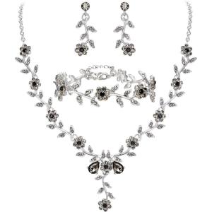 imageBriLove Womens Wedding Jewelry Leaf Cluster Flower Crystal Dangle Earrings Pendant Necklace Set for Bridal3PcsGrey SilverTone