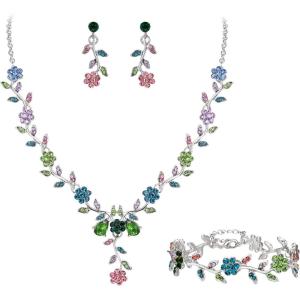 imageBriLove Womens Wedding Jewelry Leaf Cluster Flower Crystal Dangle Earrings Pendant Necklace Set for Bridal3PcsMulticolor SilverTone