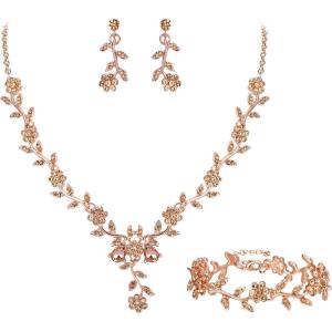 imageBriLove Womens Wedding Jewelry Leaf Cluster Flower Crystal Dangle Earrings Pendant Necklace Set for Bridal3PcsPeach Morganite Color RoseGoldTone