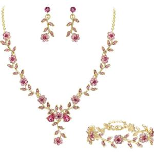 imageBriLove Womens Wedding Jewelry Leaf Cluster Flower Crystal Dangle Earrings Pendant Necklace Set for Bridal3PcsPink GoldTone