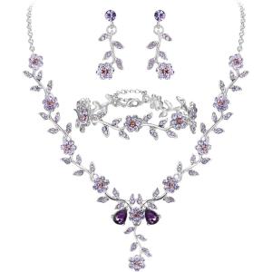imageBriLove Womens Wedding Jewelry Leaf Cluster Flower Crystal Dangle Earrings Pendant Necklace Set for Bridal3PcsPurple SilverTone