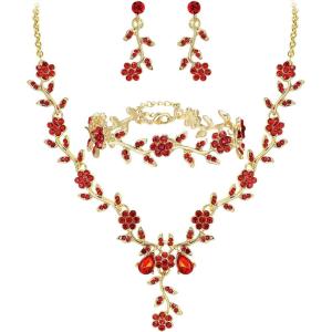 imageBriLove Womens Wedding Jewelry Leaf Cluster Flower Crystal Dangle Earrings Pendant Necklace Set for Bridal3PcsRuby Color GoldTone