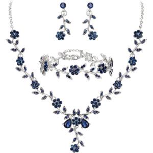 imageBriLove Womens Wedding Jewelry Leaf Cluster Flower Crystal Dangle Earrings Pendant Necklace Set for Bridal3PcsSapphire Color SilverTone