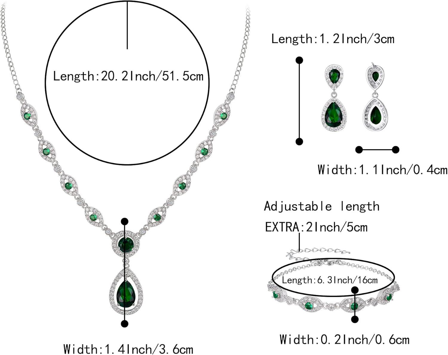 imageBriLove Wedding Bridal Jewelry Set for Women Cubic Zirconia Teardrop YNecklace Link Bracelet Dangle Earrings for Party Prom AccessoriesEmerald Color SilverTone
