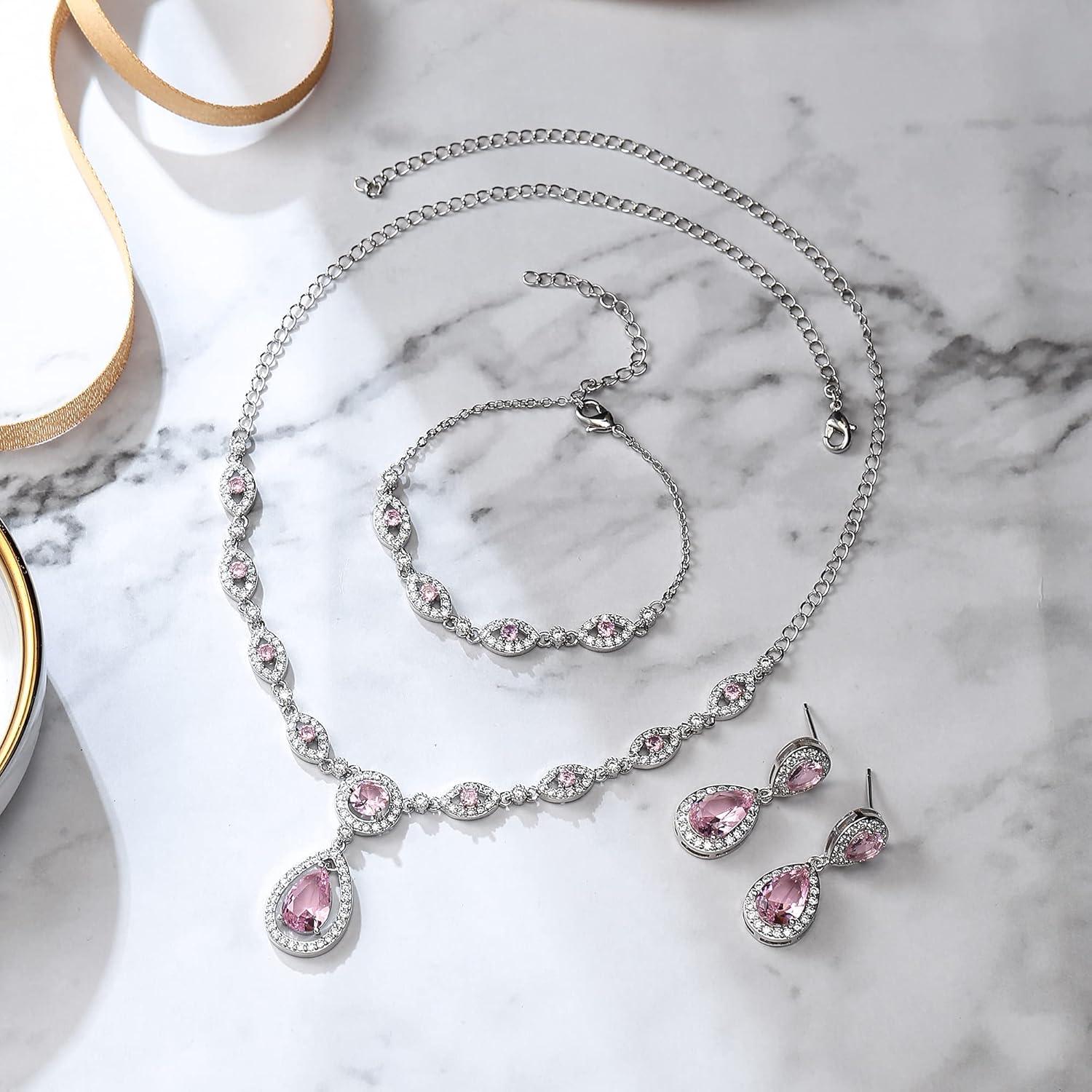 imageBriLove Wedding Bridal Jewelry Set for Women Cubic Zirconia Teardrop YNecklace Link Bracelet Dangle Earrings for Party Prom AccessoriesPink SilverTone