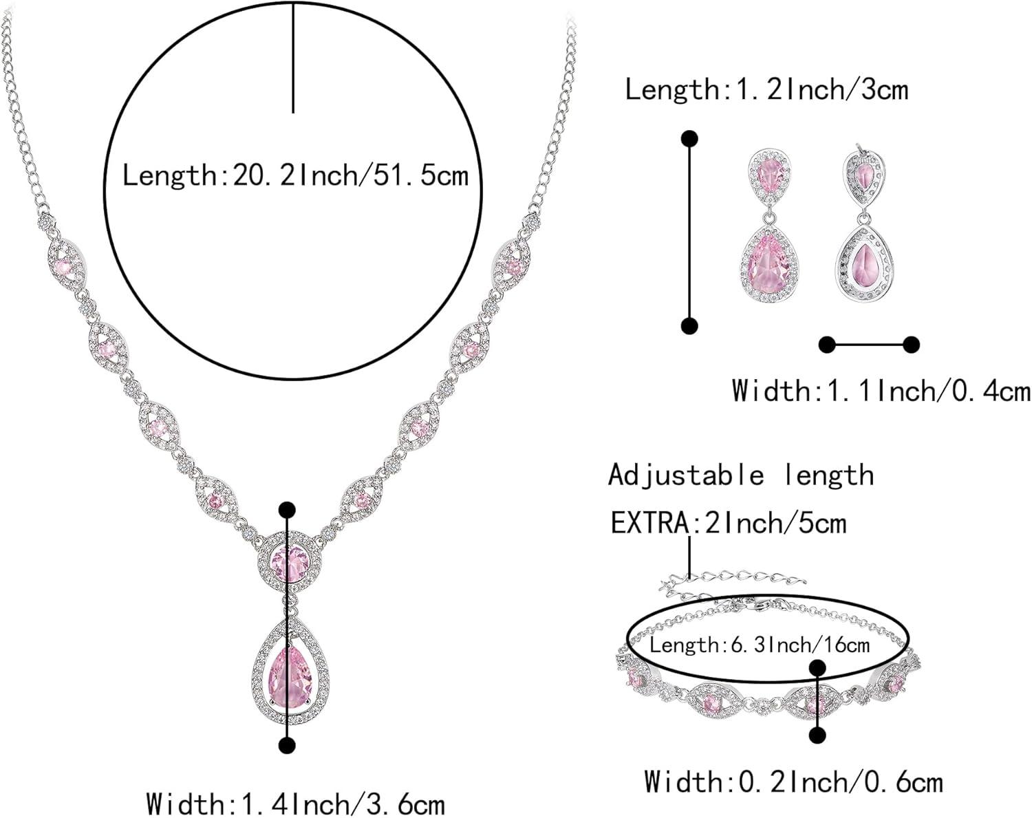 imageBriLove Wedding Bridal Jewelry Set for Women Cubic Zirconia Teardrop YNecklace Link Bracelet Dangle Earrings for Party Prom AccessoriesPink SilverTone