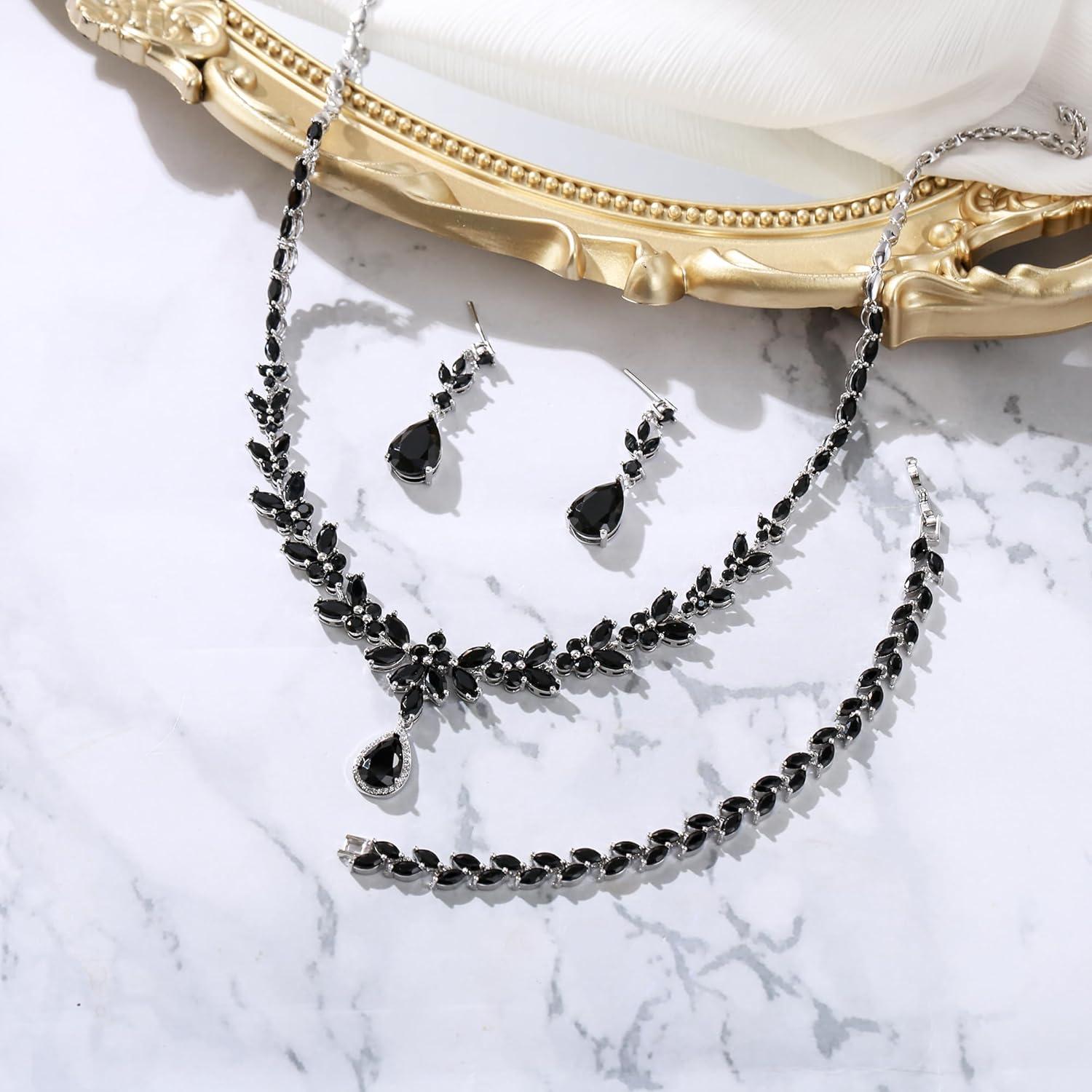 imageBriLove Wedding Gorgeous Shiny Teardrop CZ Pendant Necklace Leaf Dangle Earrings Jewelry Set for Women Bride BridesmaidBlack SilverTone