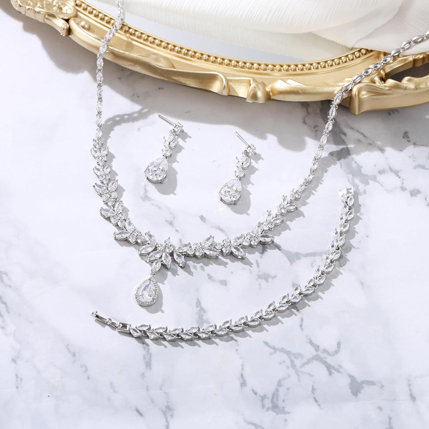 imageBriLove Wedding Gorgeous Shiny Teardrop CZ Pendant Necklace Leaf Dangle Earrings Jewelry Set for Women Bride BridesmaidClear
