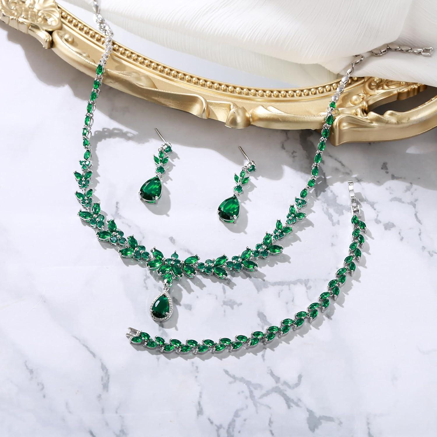 imageBriLove Wedding Gorgeous Shiny Teardrop CZ Pendant Necklace Leaf Dangle Earrings Jewelry Set for Women Bride BridesmaidEmerald Color SilverTone