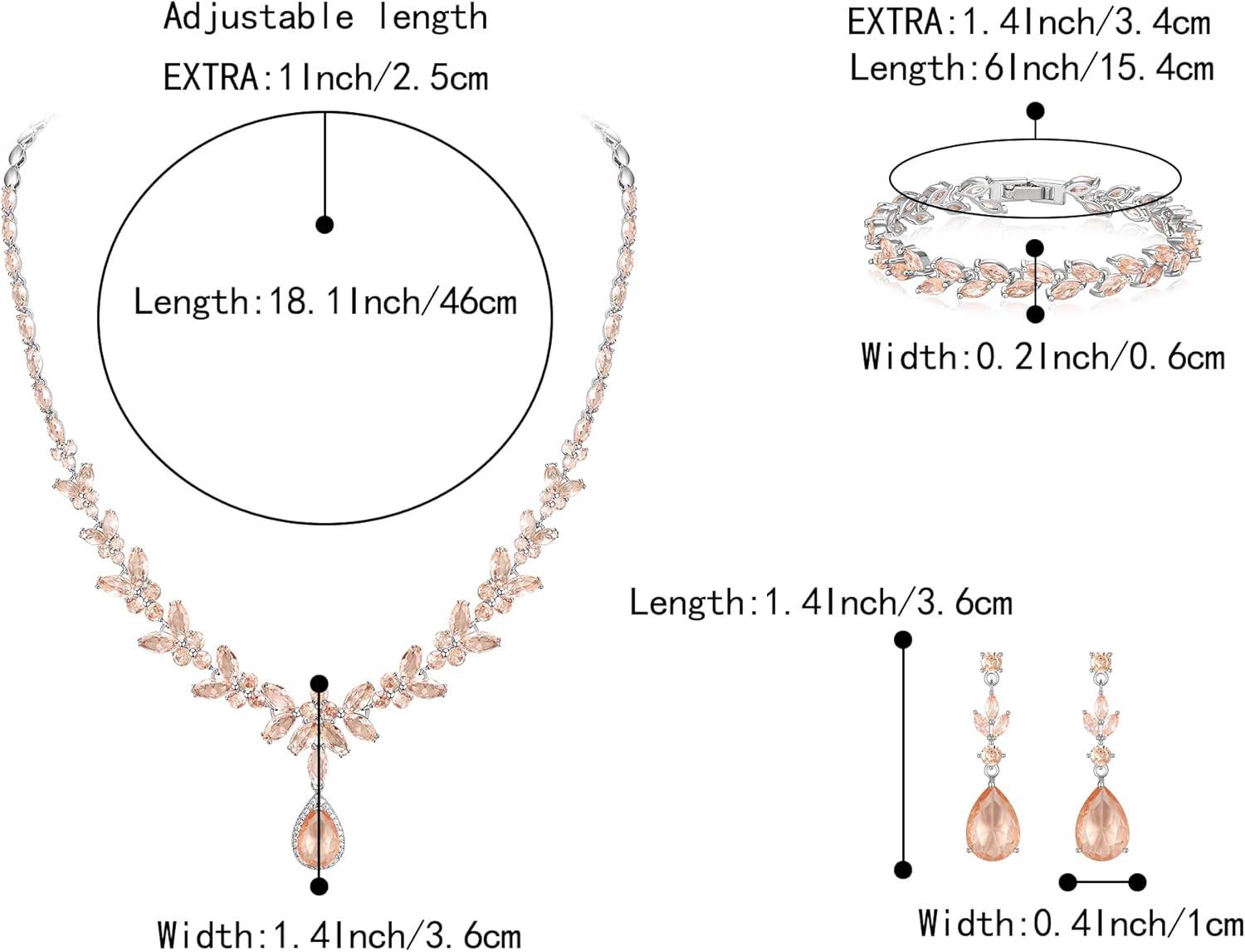 imageBriLove Wedding Gorgeous Shiny Teardrop CZ Pendant Necklace Leaf Dangle Earrings Jewelry Set for Women Bride BridesmaidPeach SilverTone