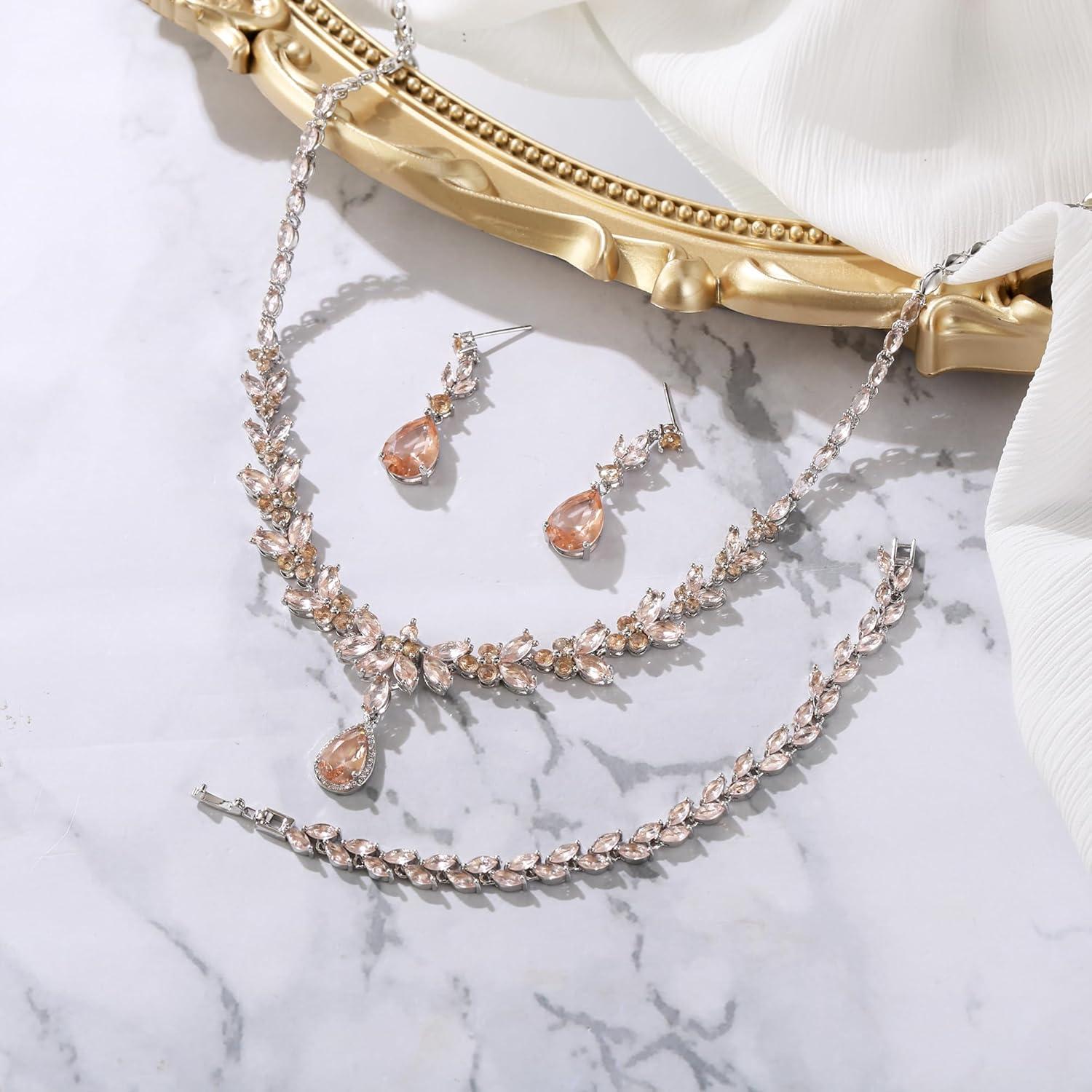 imageBriLove Wedding Gorgeous Shiny Teardrop CZ Pendant Necklace Leaf Dangle Earrings Jewelry Set for Women Bride BridesmaidPeach SilverTone