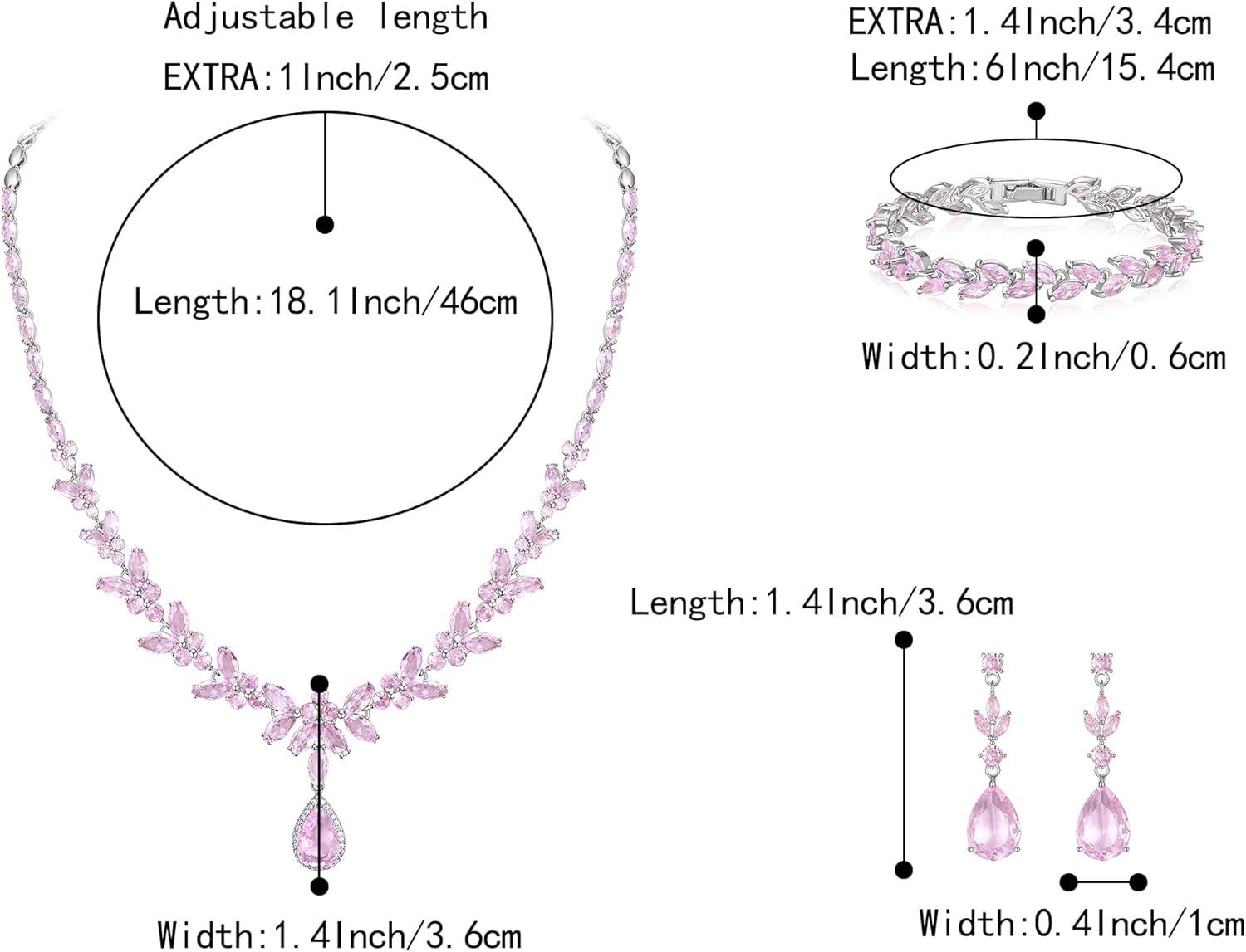 imageBriLove Wedding Gorgeous Shiny Teardrop CZ Pendant Necklace Leaf Dangle Earrings Jewelry Set for Women Bride BridesmaidPink SilverTone
