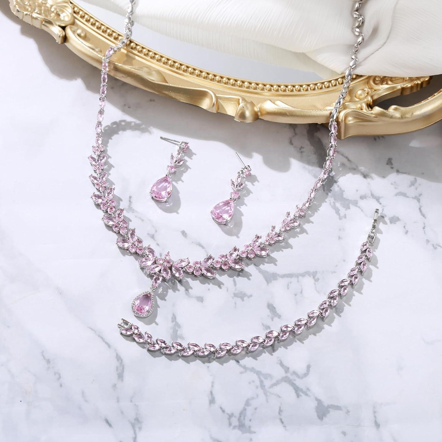 imageBriLove Wedding Gorgeous Shiny Teardrop CZ Pendant Necklace Leaf Dangle Earrings Jewelry Set for Women Bride BridesmaidPink SilverTone