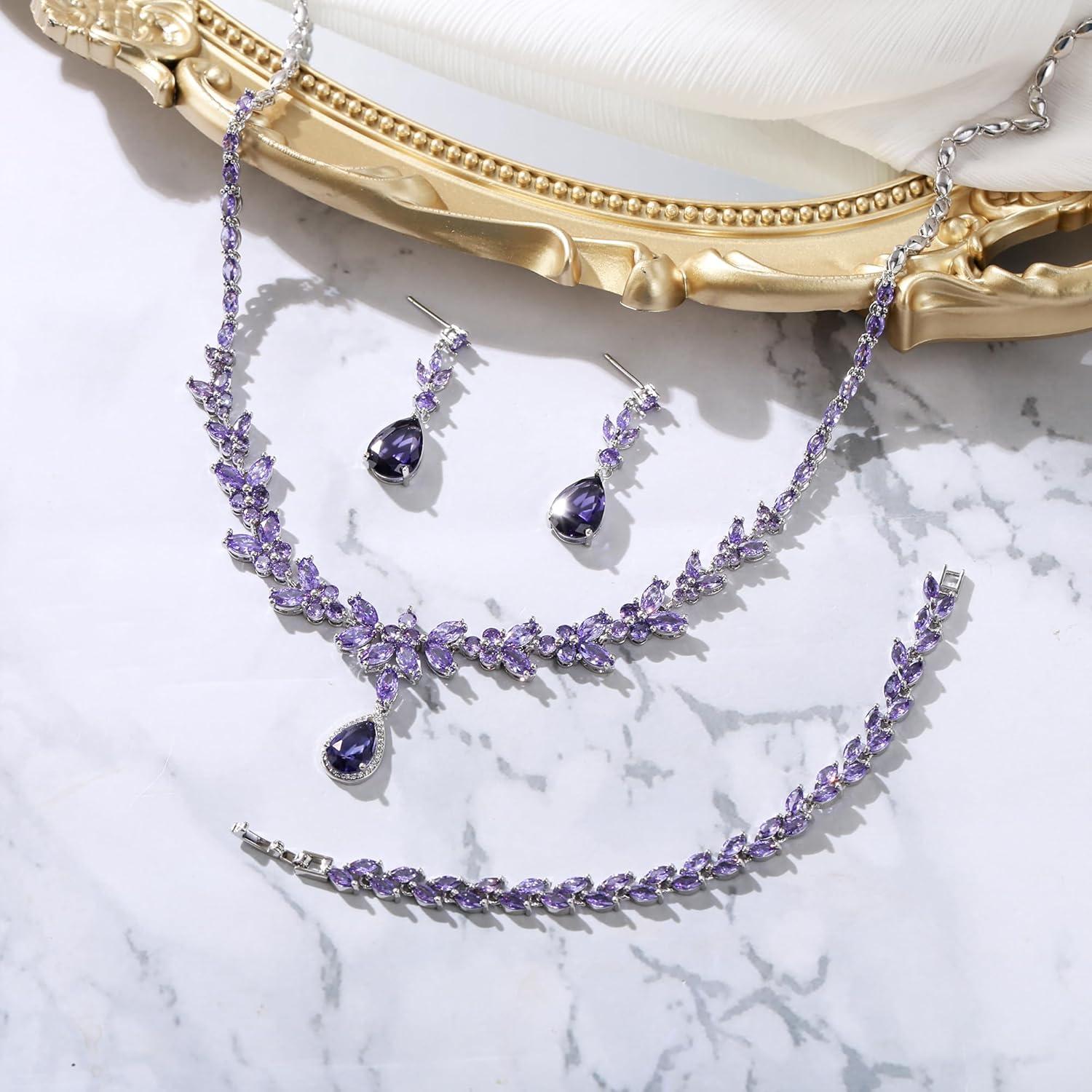 imageBriLove Wedding Gorgeous Shiny Teardrop CZ Pendant Necklace Leaf Dangle Earrings Jewelry Set for Women Bride BridesmaidPurple SilverTone