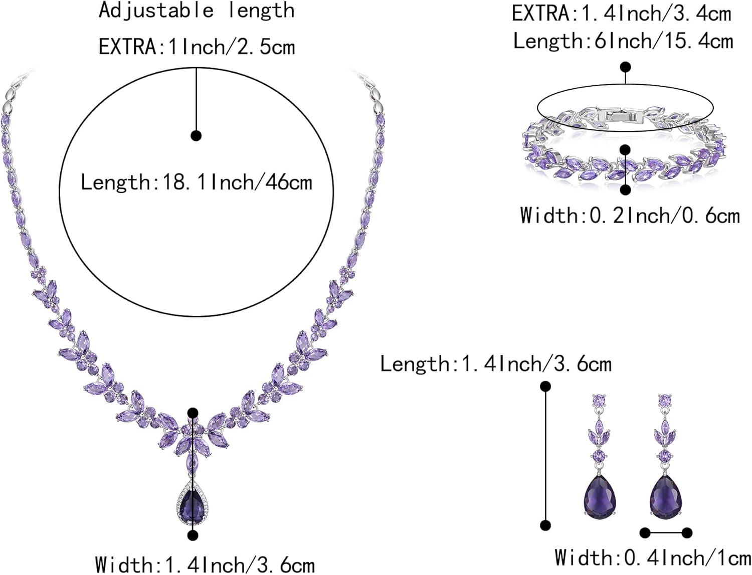 imageBriLove Wedding Gorgeous Shiny Teardrop CZ Pendant Necklace Leaf Dangle Earrings Jewelry Set for Women Bride BridesmaidPurple SilverTone