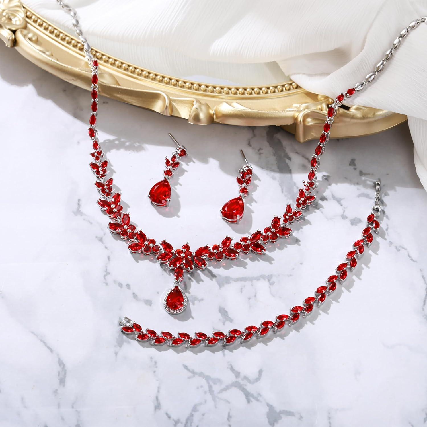 imageBriLove Wedding Gorgeous Shiny Teardrop CZ Pendant Necklace Leaf Dangle Earrings Jewelry Set for Women Bride BridesmaidRuby Color SilverTone