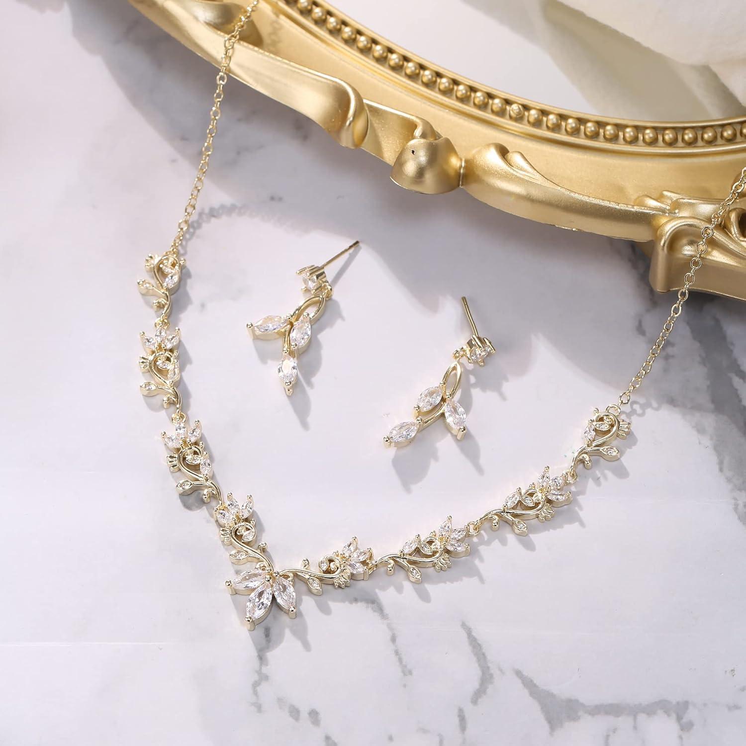 imageBriLove Wedding Jewelry Set for Women CZ Teardrop Flower Leaf Filigree Necklace Earrings Party Prom AccessoriesGoldtone