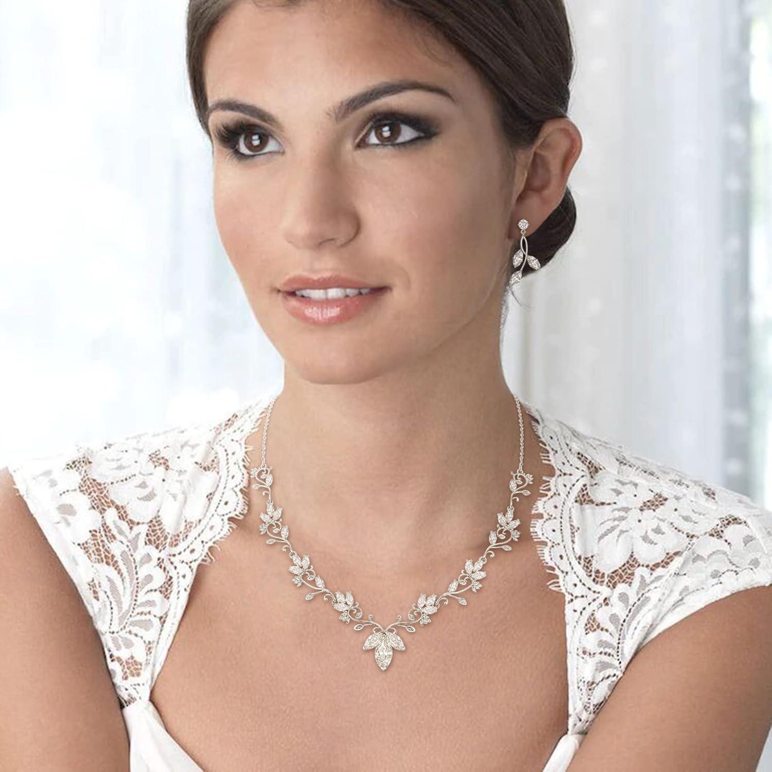 imageBriLove Wedding Jewelry Set for Women CZ Teardrop Flower Leaf Filigree Necklace Earrings Party Prom AccessoriesSilvertone