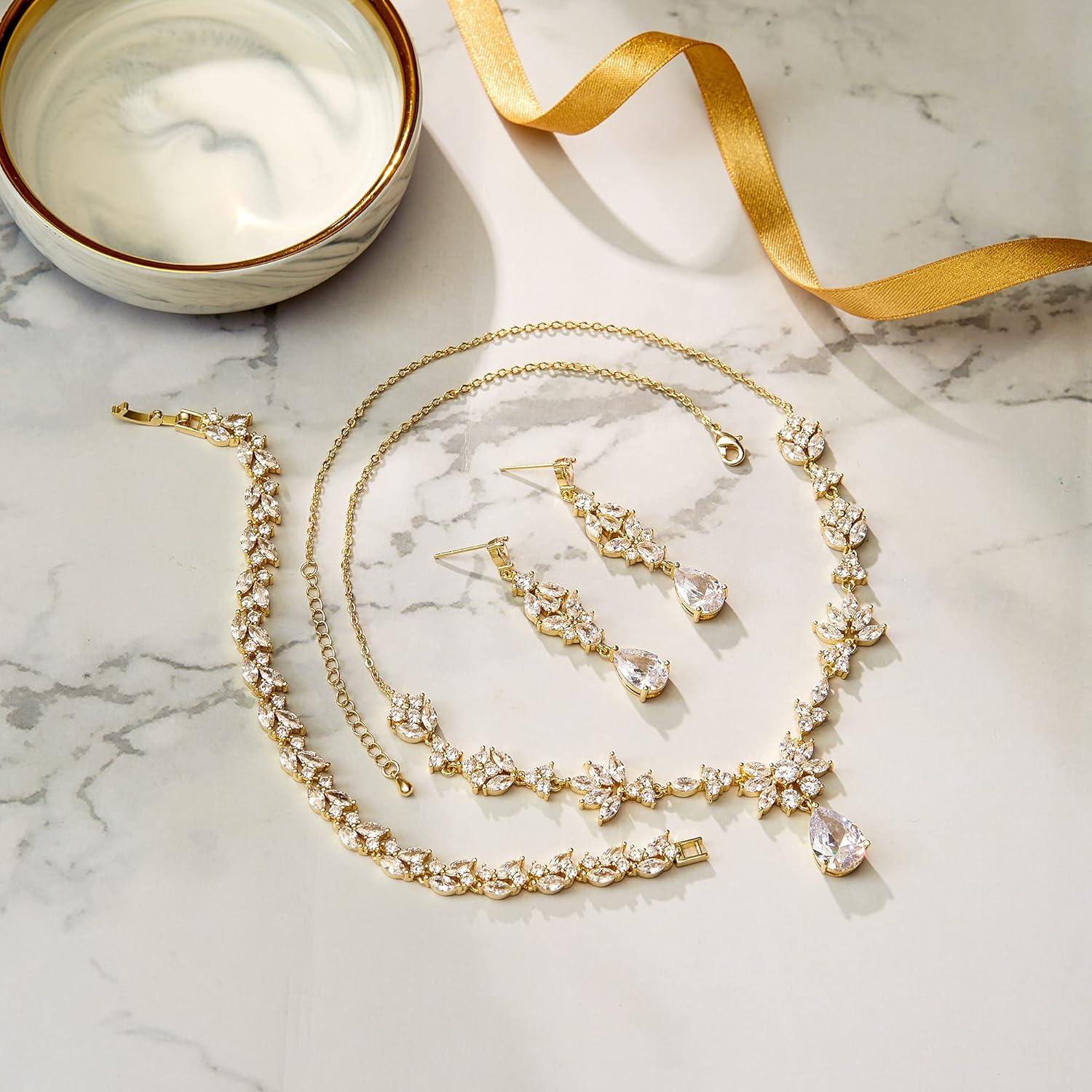 imageBriLove Wedding Jewelry Set for Women YNecklace Tennis Bracelet Dangle Earrings with AAA Cubic Zirconia Teardrop for Bridal Bridesmaid02ClearGoldToned