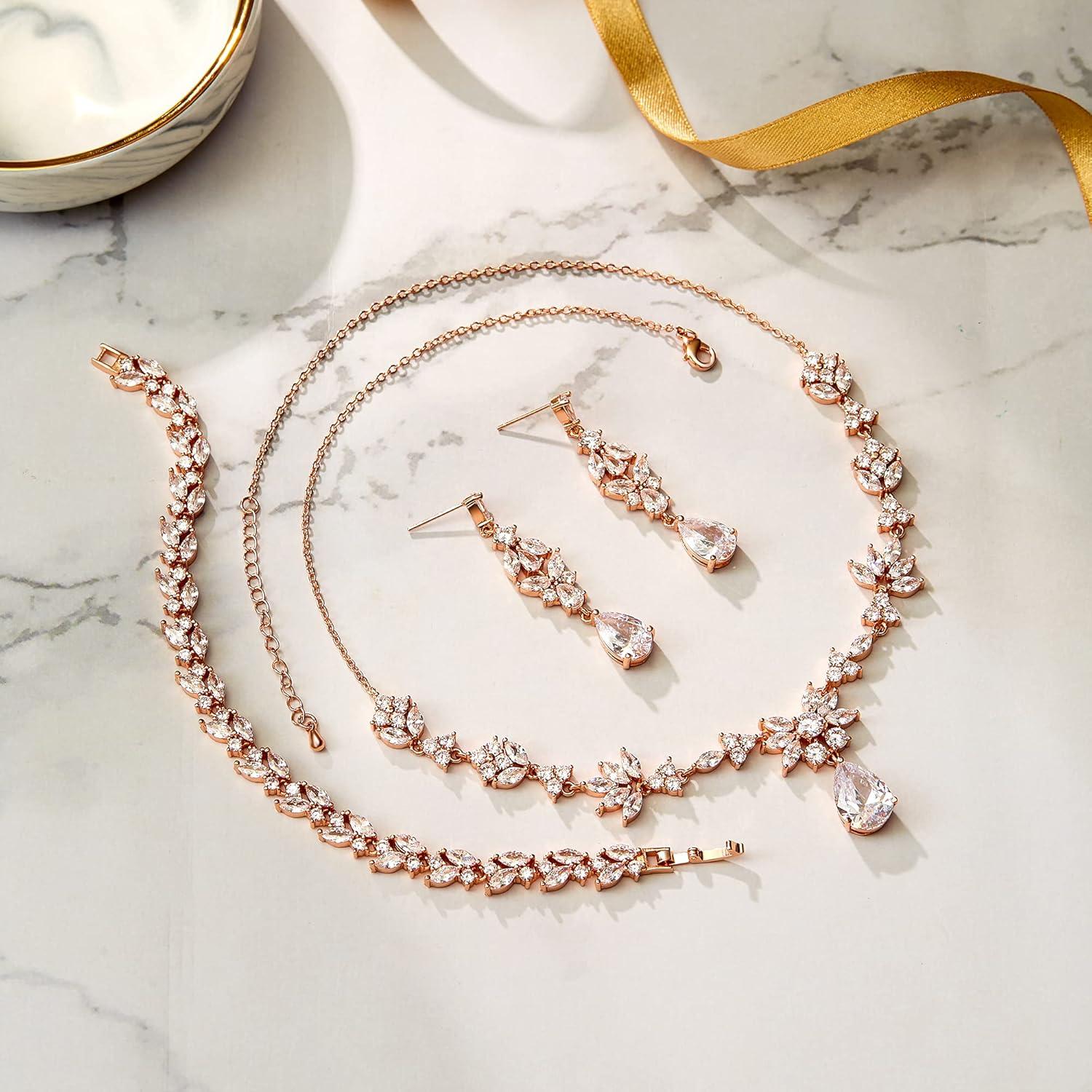 imageBriLove Wedding Jewelry Set for Women YNecklace Tennis Bracelet Dangle Earrings with AAA Cubic Zirconia Teardrop for Bridal Bridesmaid03Clear RoseGoldToned