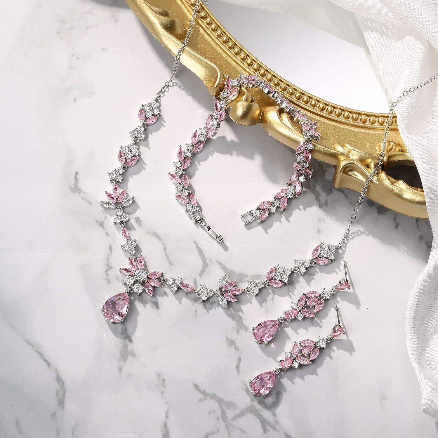 imageBriLove Wedding Jewelry Set for Women YNecklace Tennis Bracelet Dangle Earrings with AAA Cubic Zirconia Teardrop for Bridal BridesmaidPink SilverTone