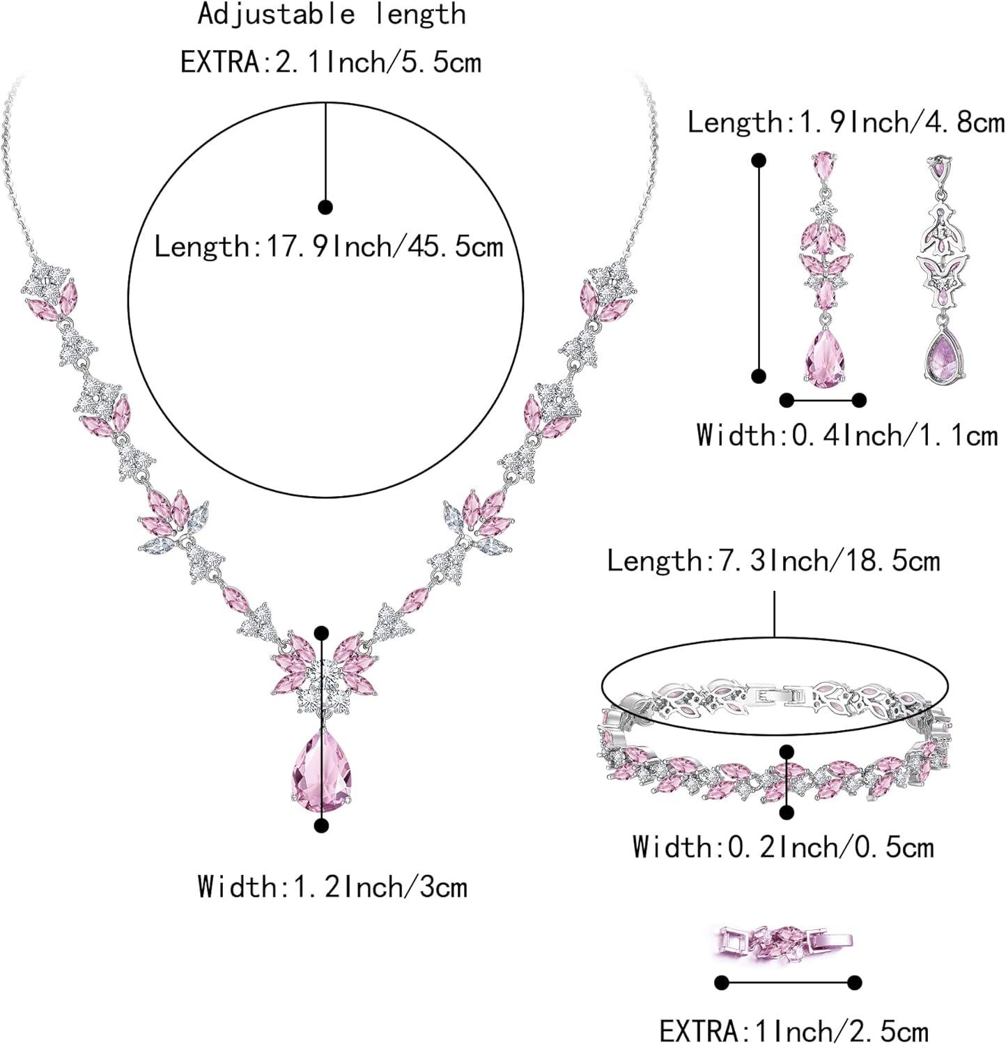 imageBriLove Wedding Jewelry Set for Women YNecklace Tennis Bracelet Dangle Earrings with AAA Cubic Zirconia Teardrop for Bridal BridesmaidPink SilverTone