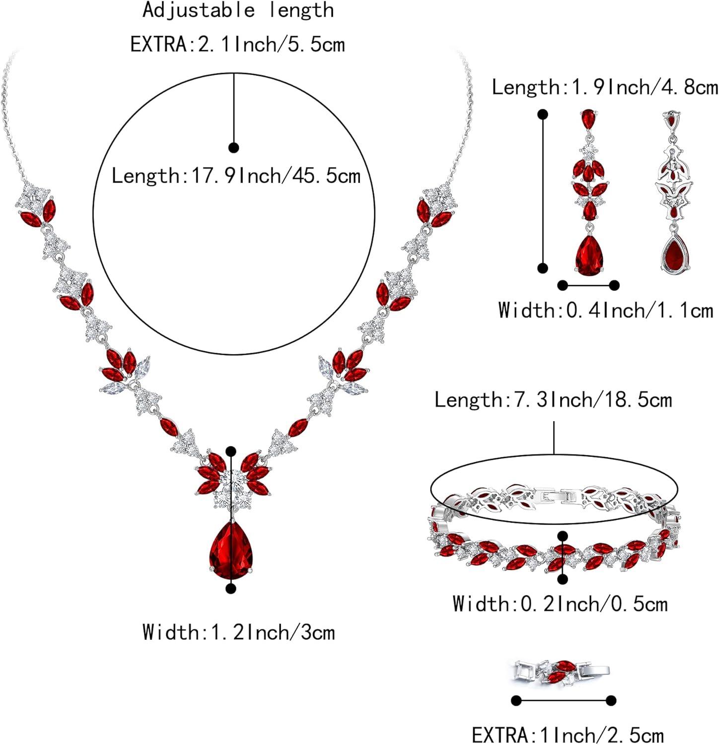 imageBriLove Wedding Jewelry Set for Women YNecklace Tennis Bracelet Dangle Earrings with AAA Cubic Zirconia Teardrop for Bridal BridesmaidRuby Color SilverTone