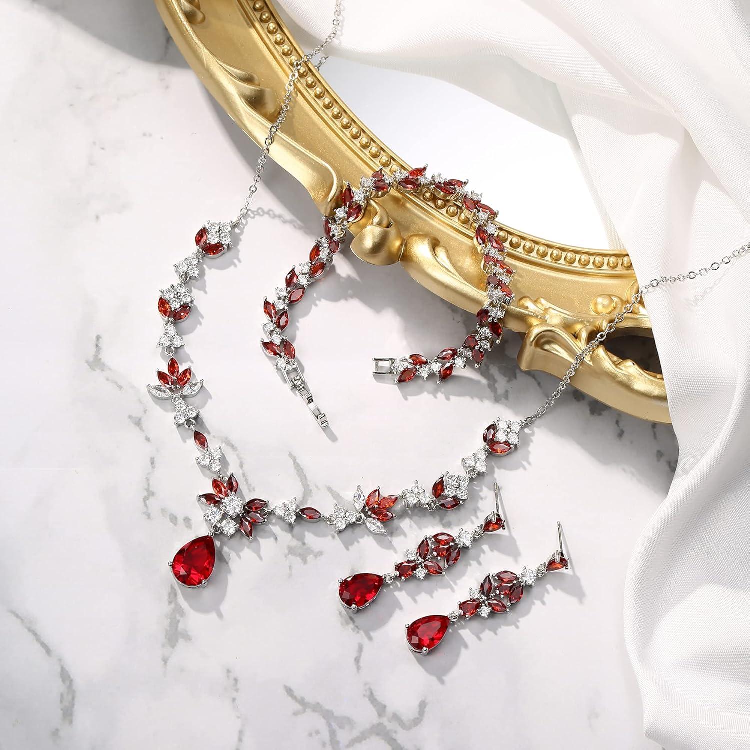 imageBriLove Wedding Jewelry Set for Women YNecklace Tennis Bracelet Dangle Earrings with AAA Cubic Zirconia Teardrop for Bridal BridesmaidRuby Color SilverTone