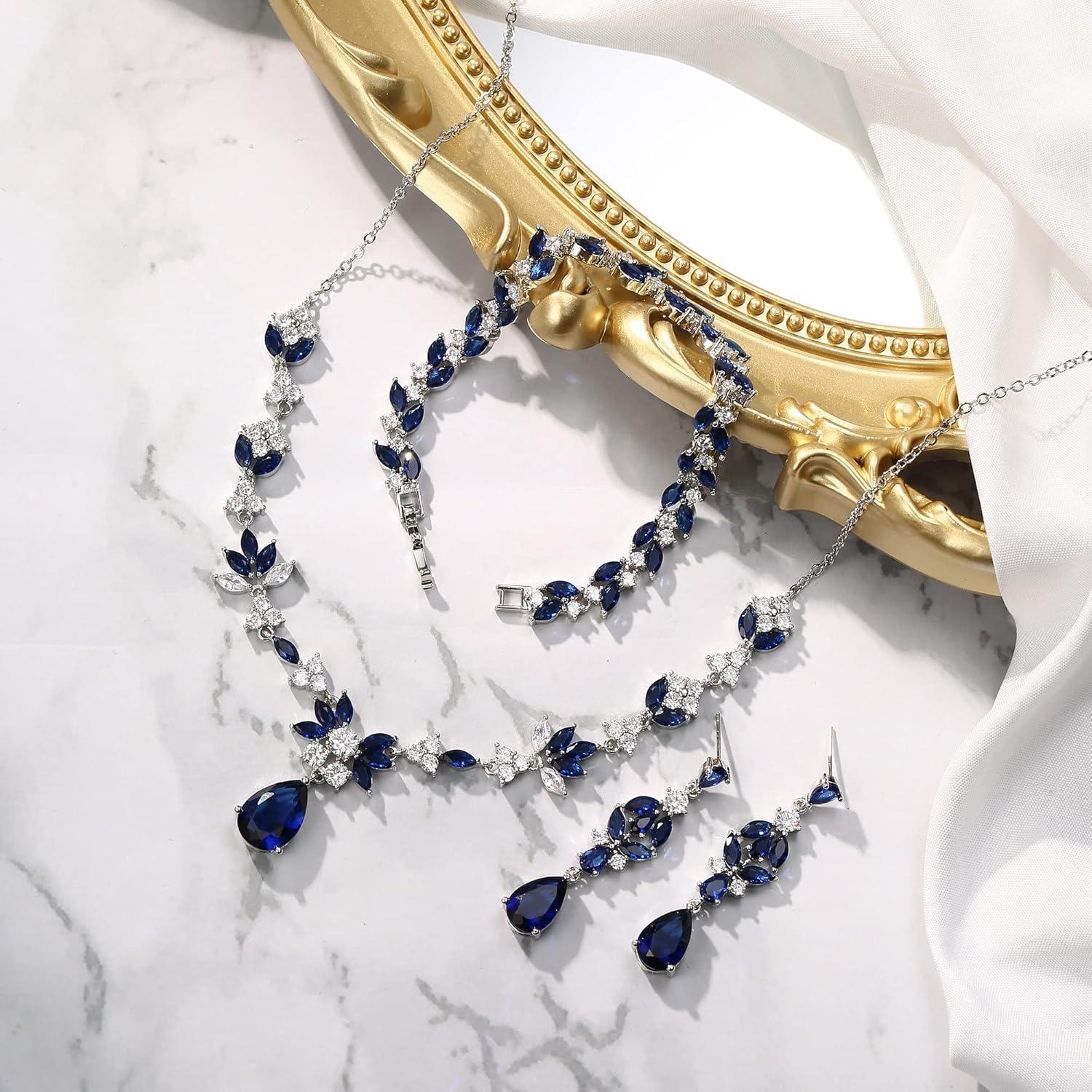 imageBriLove Wedding Jewelry Set for Women YNecklace Tennis Bracelet Dangle Earrings with AAA Cubic Zirconia Teardrop for Bridal BridesmaidSapphire Color SilverTone