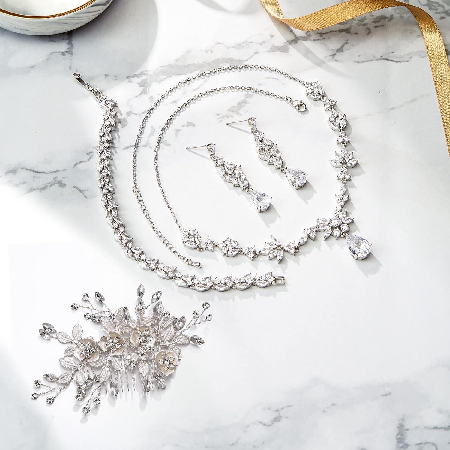 imageBriLove Wedding Jewelry Set for Women YNecklace Tennis Bracelet Dangle Earrings with AAA Cubic Zirconia Teardrop for Bridal Bridesmaidclear