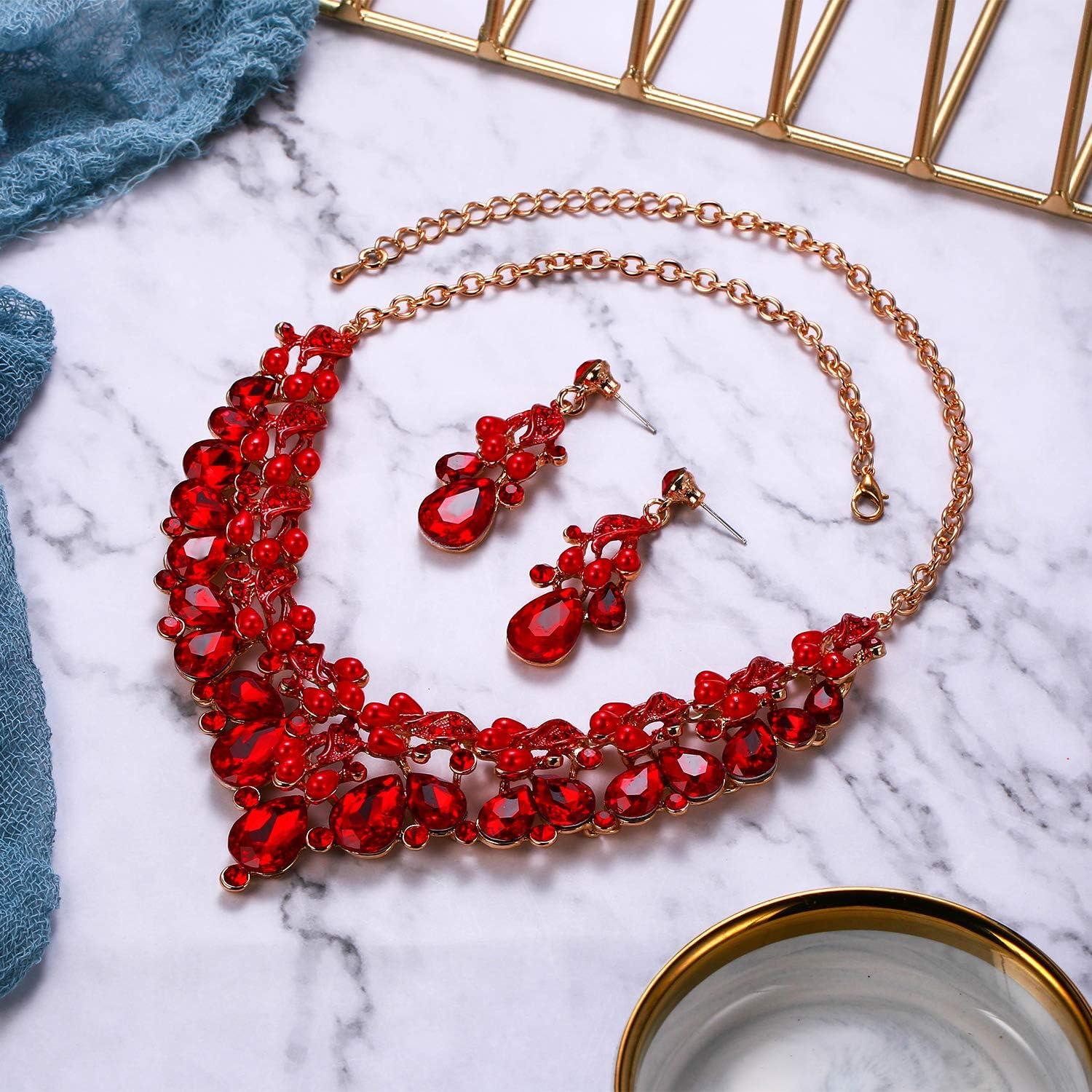imageBriLove Wedding Jewelry Sets for Brides Rhinestone Simulated Pearl Teardrop Cluster Statement Necklace Dangle Earrings