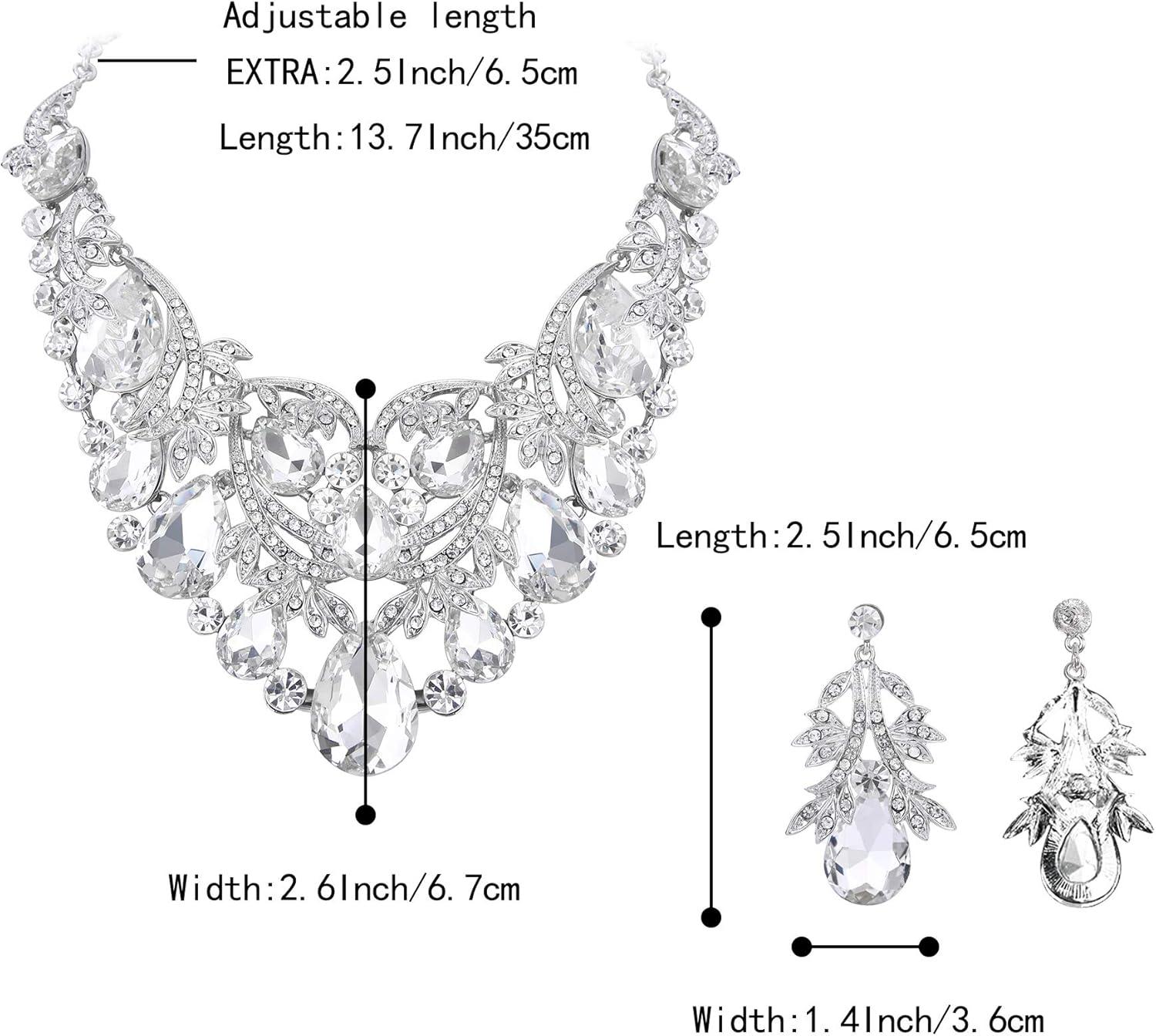 imageBriLove Womens Bohemian Boho Crystal Teardrop Filigree Leaf Hollow Statement Necklace Dangle Earrings SetClear SilverTone