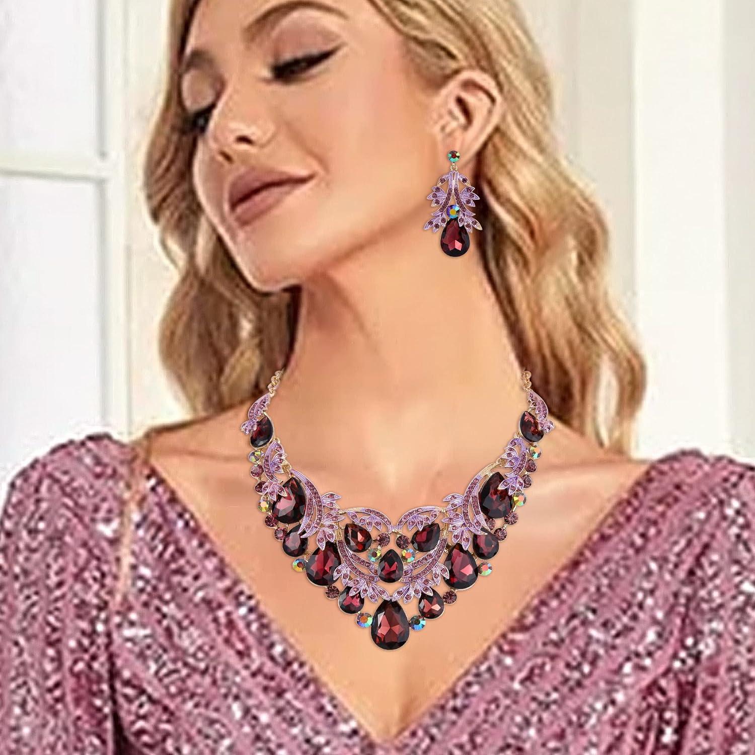 imageBriLove Womens Bohemian Boho Crystal Teardrop Filigree Leaf Hollow Statement Necklace Dangle Earrings SetDeep Amethyst Color GoldTone