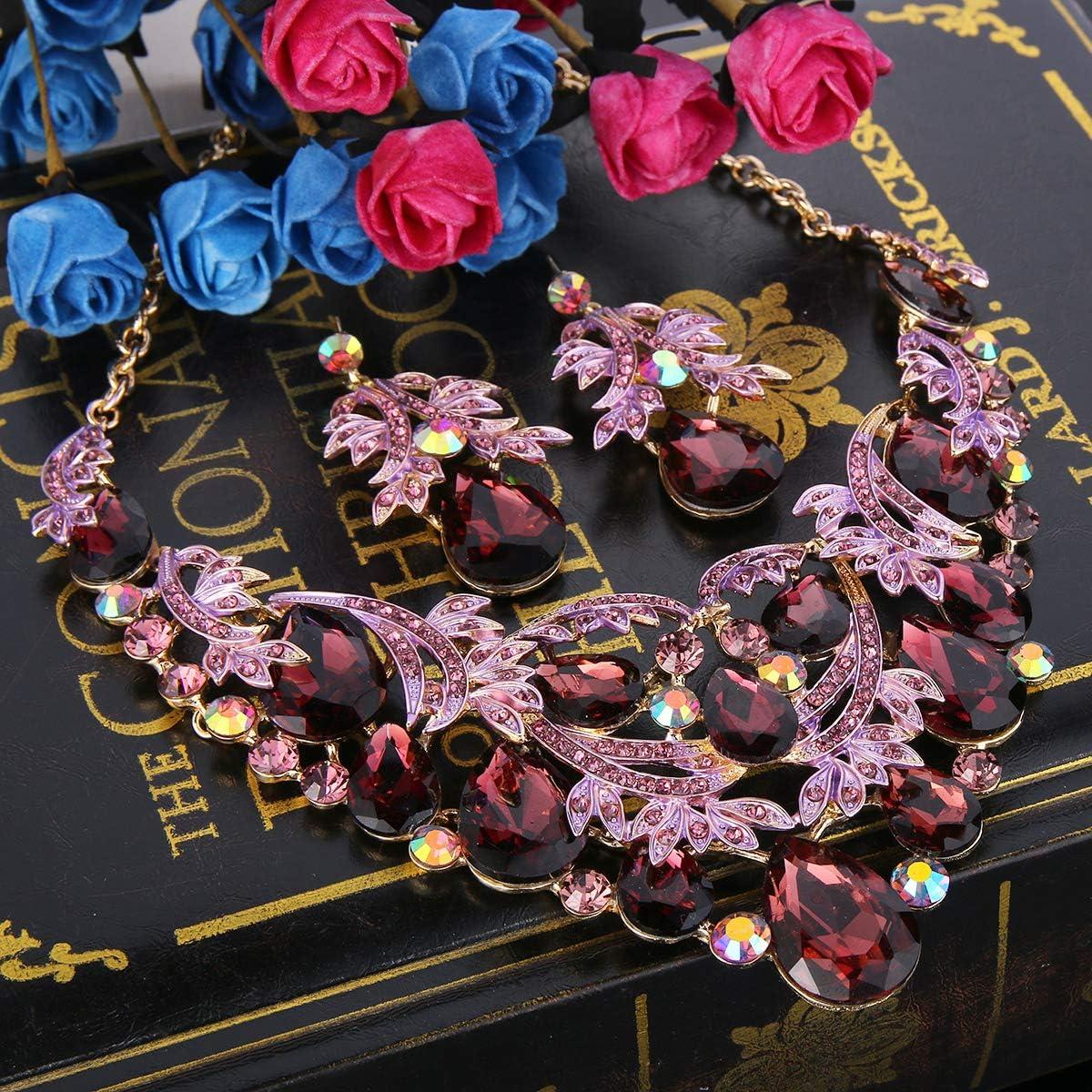 imageBriLove Womens Bohemian Boho Crystal Teardrop Filigree Leaf Hollow Statement Necklace Dangle Earrings SetDeep Amethyst Color GoldTone