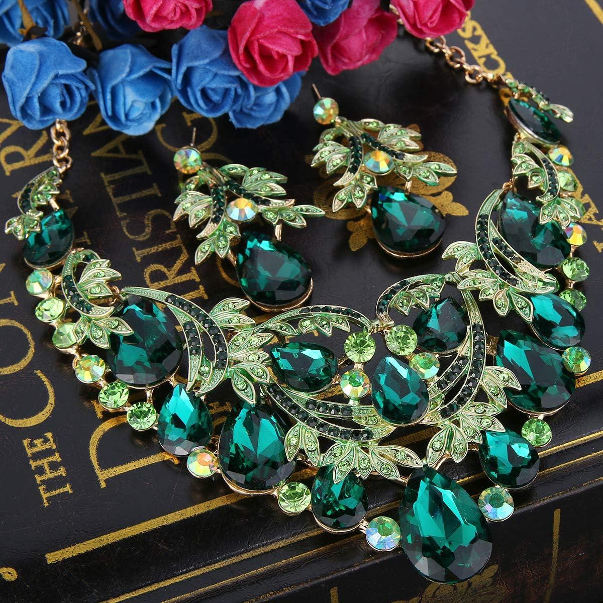 imageBriLove Womens Bohemian Boho Crystal Teardrop Filigree Leaf Hollow Statement Necklace Dangle Earrings SetEmerald Color GoldTone