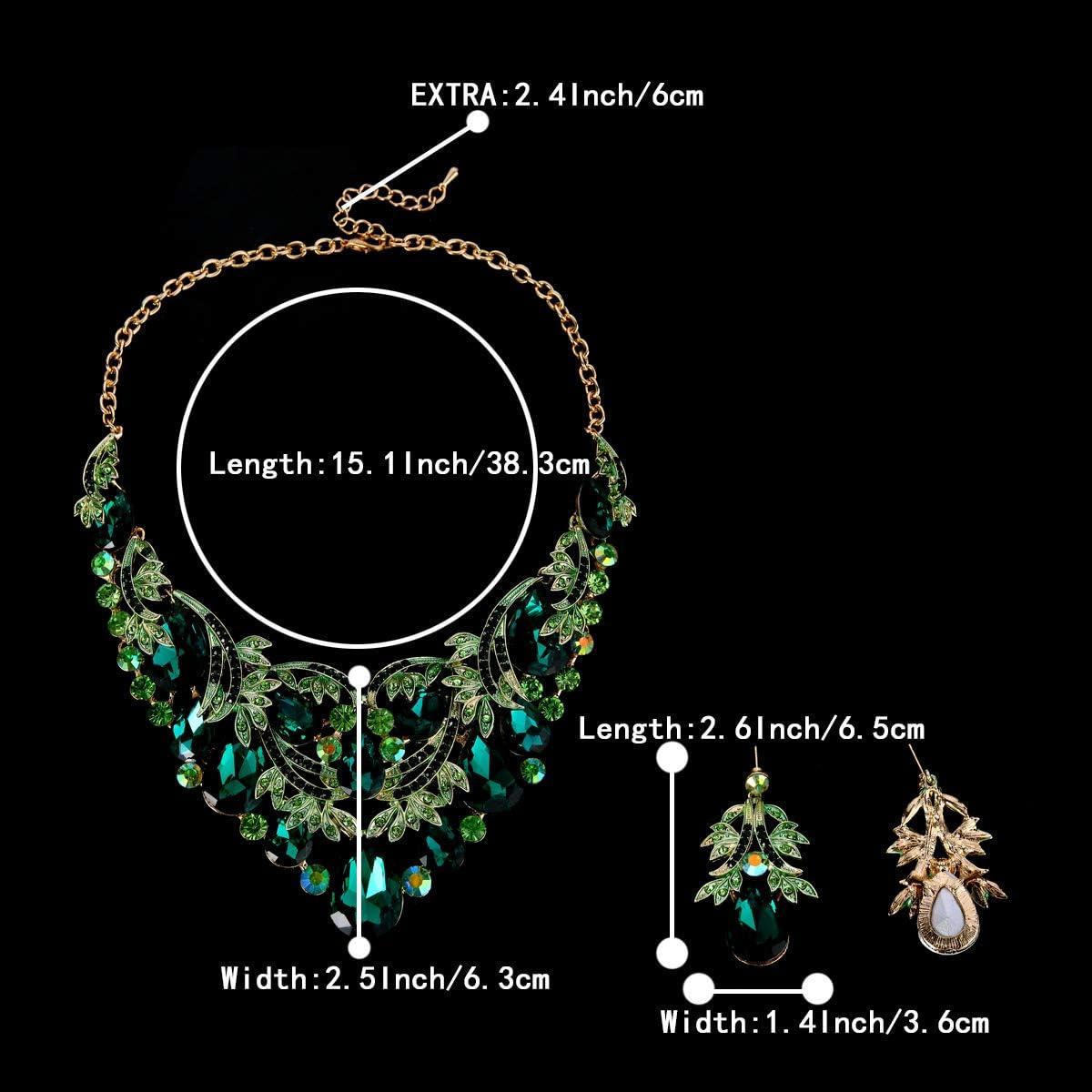imageBriLove Womens Bohemian Boho Crystal Teardrop Filigree Leaf Hollow Statement Necklace Dangle Earrings SetEmerald Color GoldTone