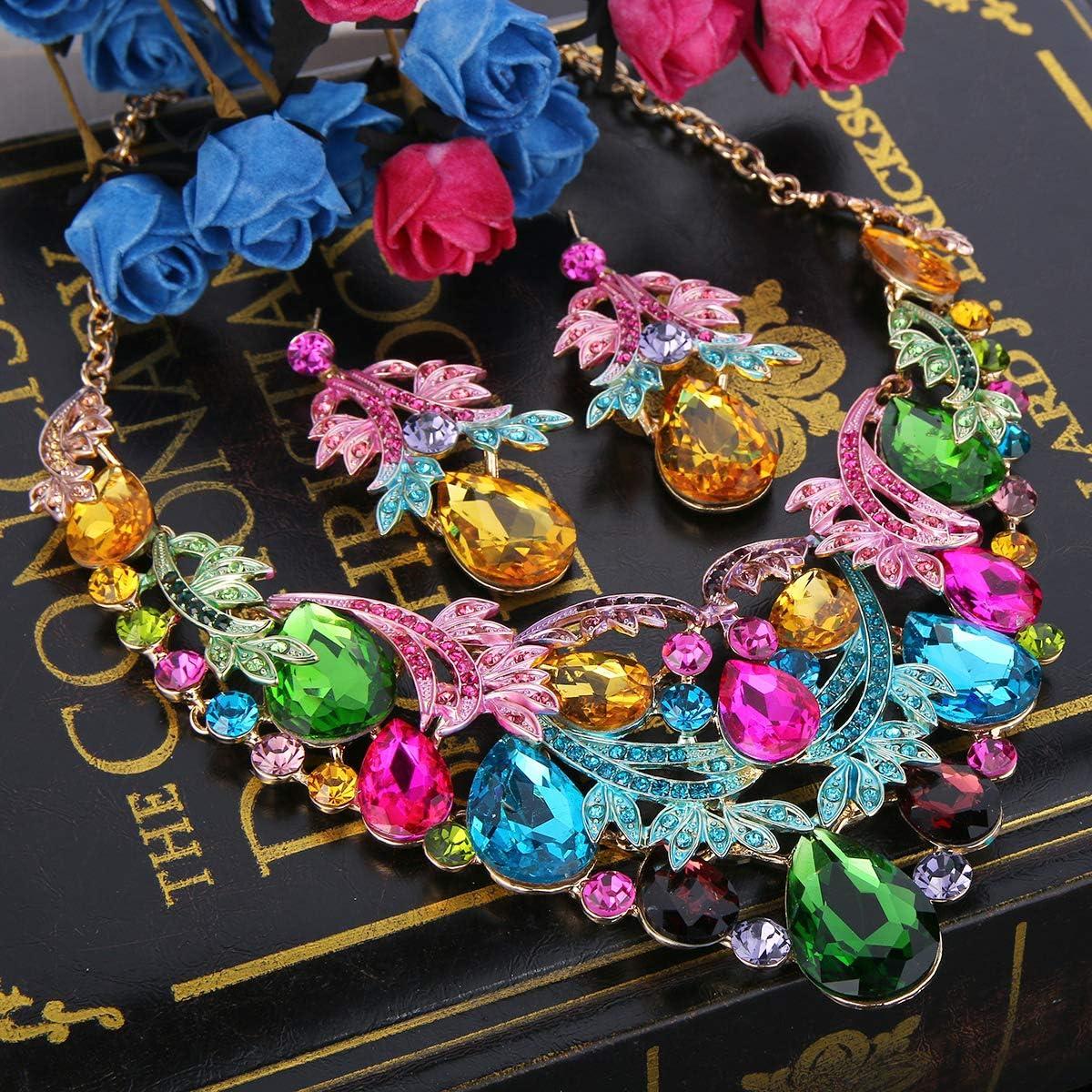 imageBriLove Womens Bohemian Boho Crystal Teardrop Filigree Leaf Hollow Statement Necklace Dangle Earrings SetMulticolor GoldTone