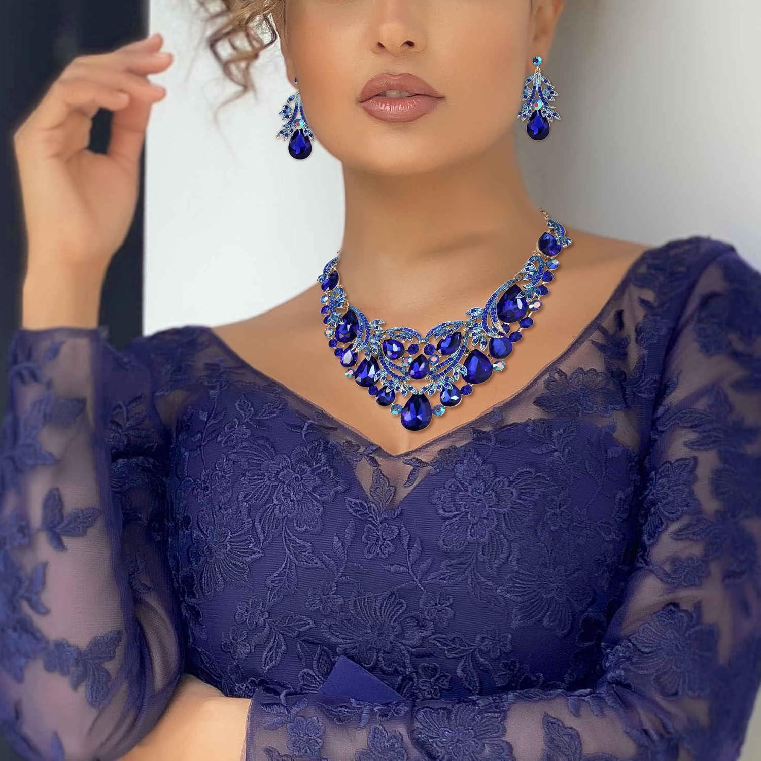 imageBriLove Womens Bohemian Boho Crystal Teardrop Filigree Leaf Hollow Statement Necklace Dangle Earrings SetRoyal Blue GoldTone