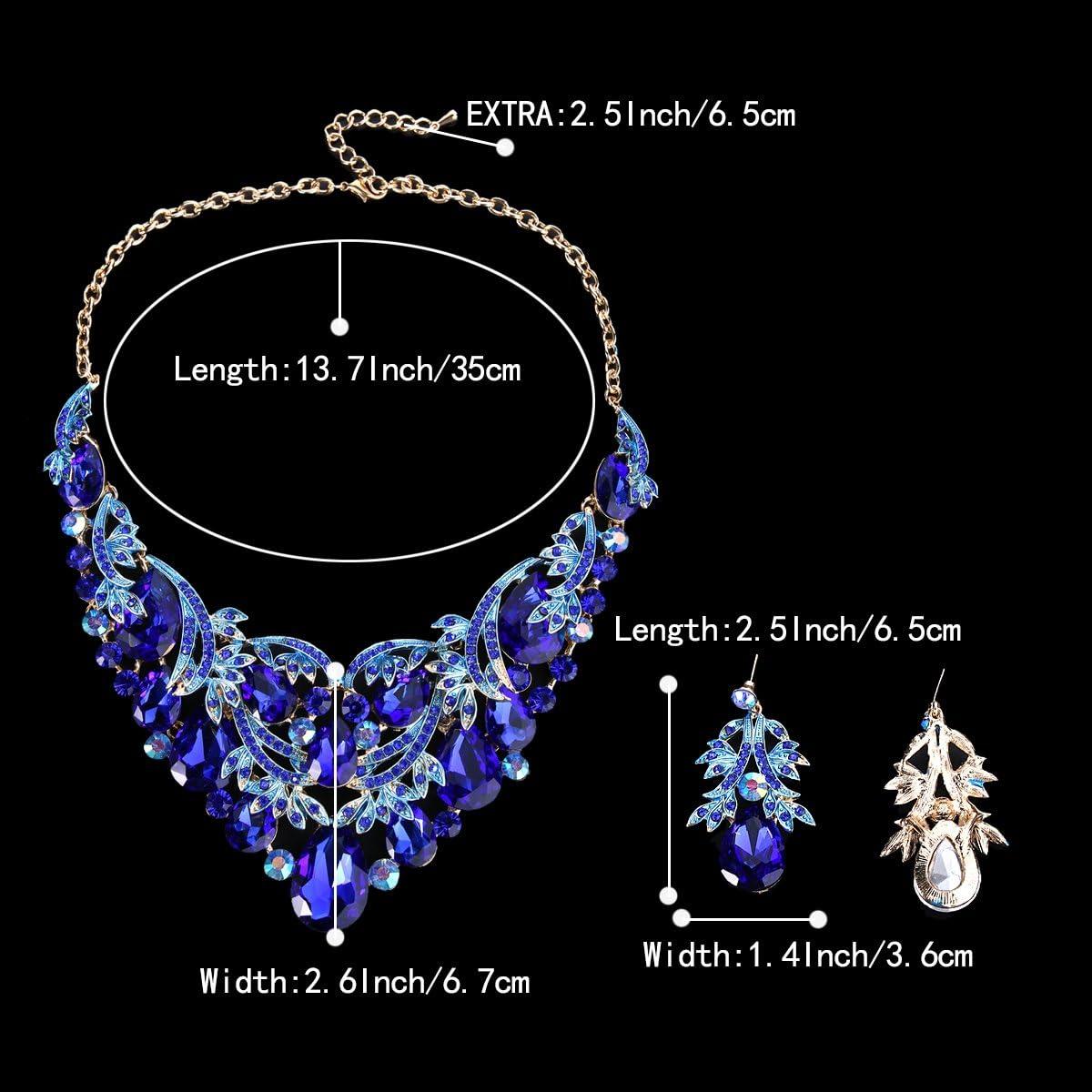 imageBriLove Womens Bohemian Boho Crystal Teardrop Filigree Leaf Hollow Statement Necklace Dangle Earrings SetRoyal Blue GoldTone