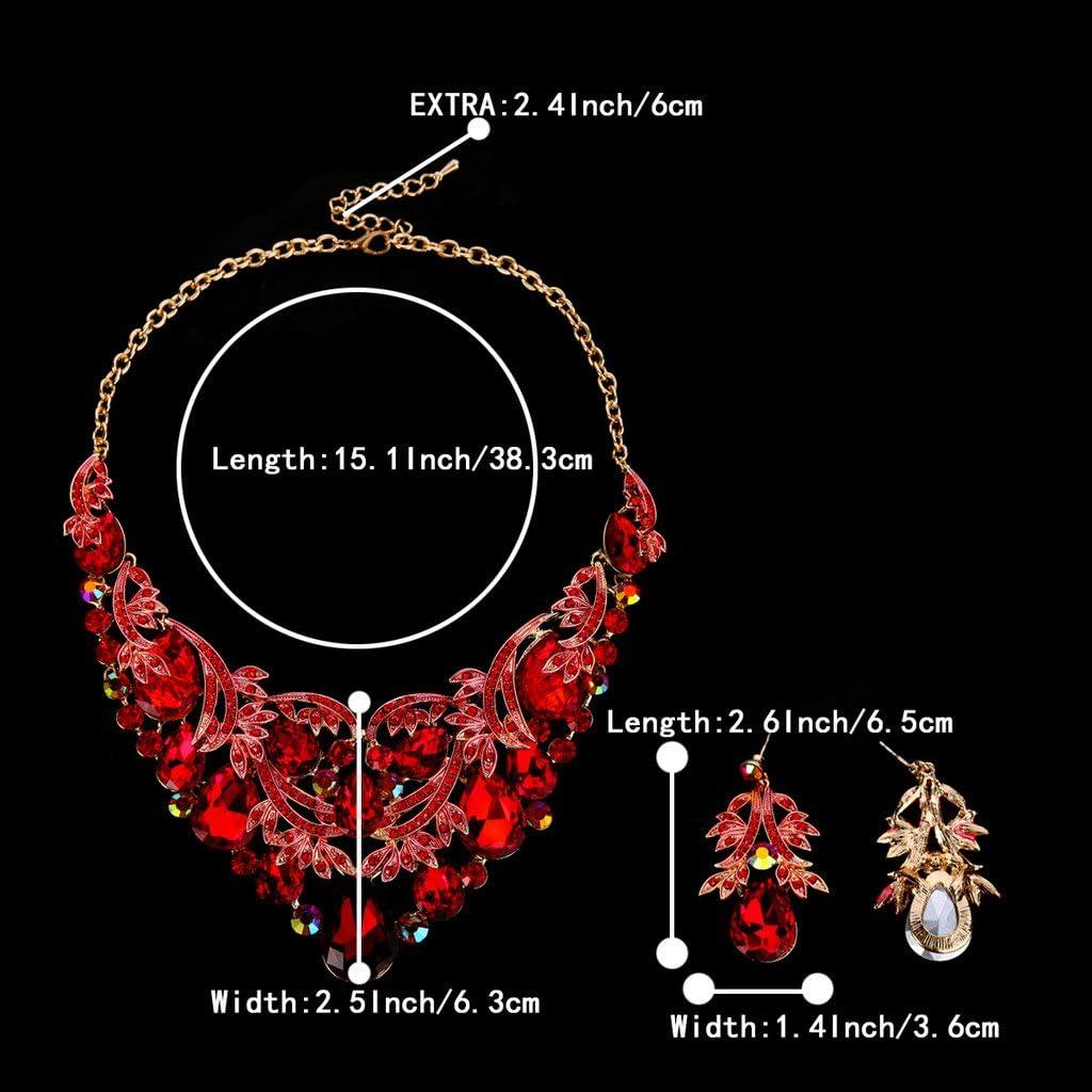 imageBriLove Womens Bohemian Boho Crystal Teardrop Filigree Leaf Hollow Statement Necklace Dangle Earrings SetRuby Color GoldTone
