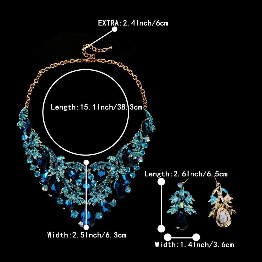 imageBriLove Womens Bohemian Boho Crystal Teardrop Filigree Leaf Hollow Statement Necklace Dangle Earrings SetTurquoise Color GoldTone