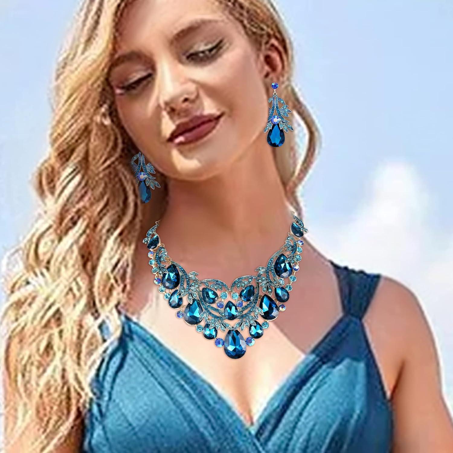 imageBriLove Womens Bohemian Boho Crystal Teardrop Filigree Leaf Hollow Statement Necklace Dangle Earrings SetTurquoise Color GoldTone